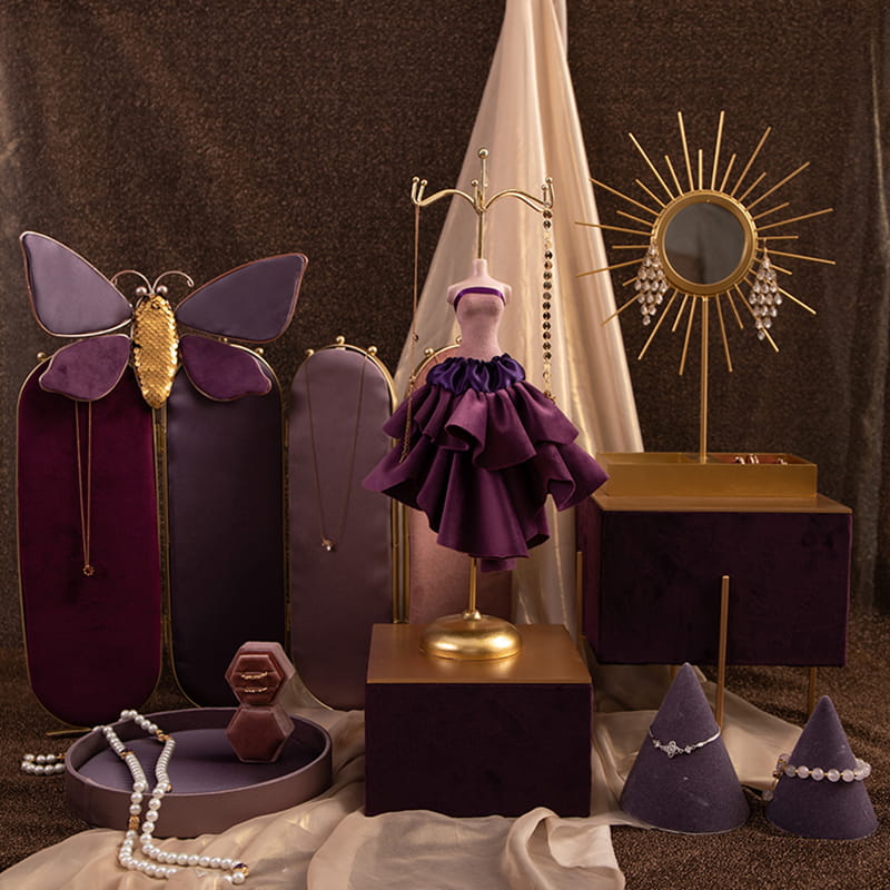 جديد تصميم الأزياء الأرجواني مجوهرات المعرضة المنظم مجموعة مجوهرات عرض موقف مجموعة لسوار القرط قلادة